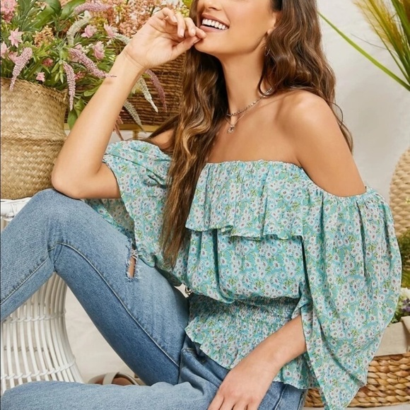 Blue Floral Print Off the Shoulders Boho Draped Sleeve Blouse Top Size Small S - Picture 1 of 9